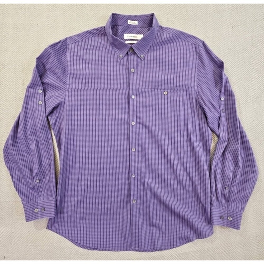 Calvin Klein Long Roll-Tab Sleeve Shirt Men's Large Purple Button-Up EUC‎ LN